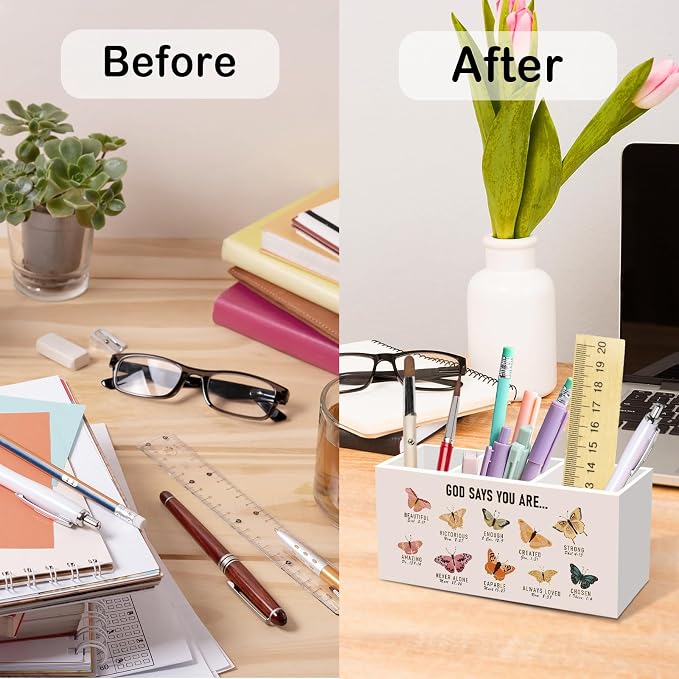 Christian God Says You Are Pen Pencil Holder for Desk, Christian Gifts for Women, Butterfly Office Desk Accessories, Butterfly Bible Makeup Brush Holders Organizer for Bathroom Classroom