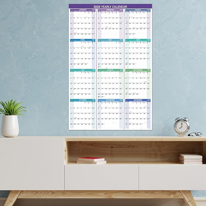 2026 Yearly Wall Calendar - 2026 Calendar, 2026 Wall Calendar 12month, Jan. 2026 to Dec. 2026, 34.2" x 22.8" (Open), Vertical, Thick Paper, Double-sides Round Stickers, Holidays & Julian Dates