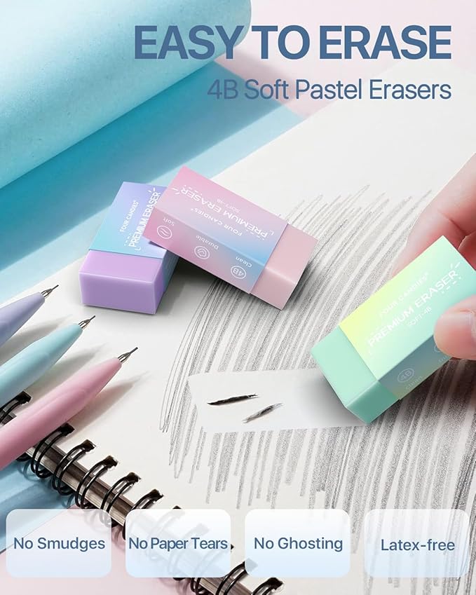 Four Candies 6PCS Cute Mechanical Pencil Set with 372 Leads & Erasers, 0.9 mm Bold Point, Pencils Mechanical with 360PCS (HB & 2B) Lead Refills & 12PCS Erasers & Storage Case for Writing & Drawing