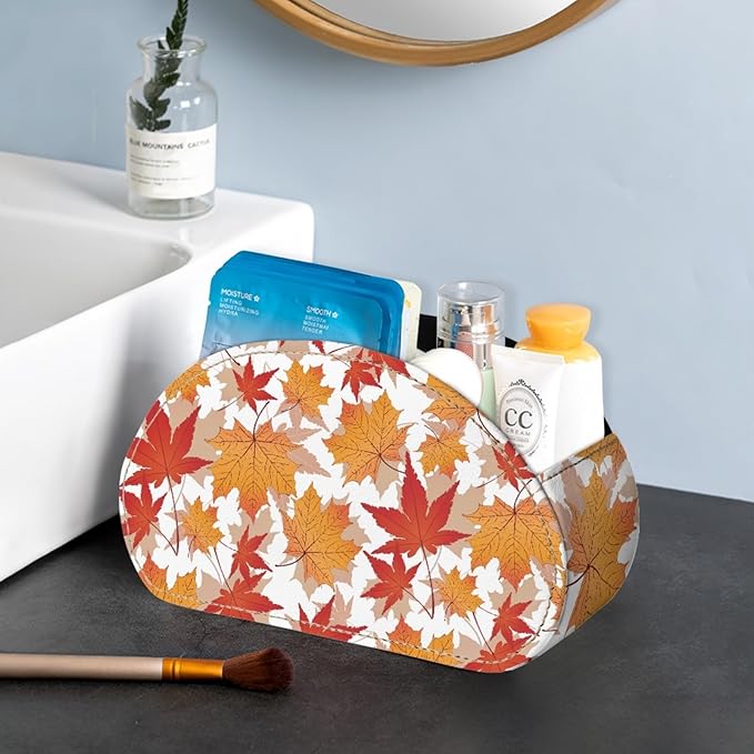 FUSURIRE Fall Maple Leaves Tv Remote Controllers Holders for Desk Bed Couch Sofa, PU Leather Desk Storage Box Cosmetic Cup Multi-functional Pencil Holder, Autumn Theme Home&Office Accessories