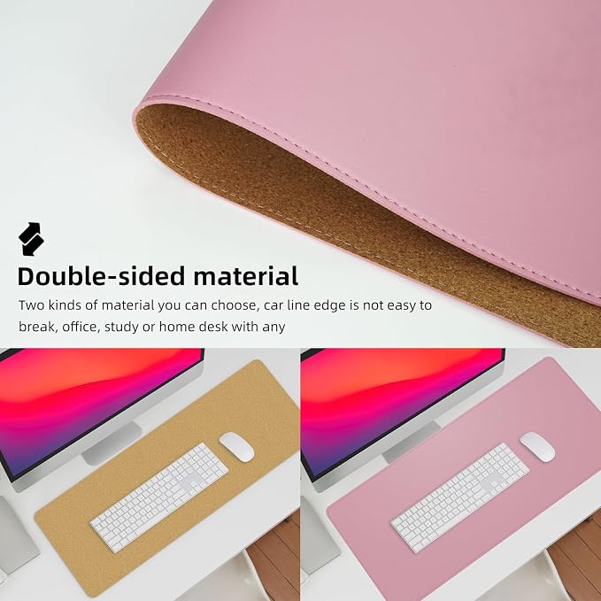 AFIING Leather Desk Pad Protector, Large Desk Mat with Natural Cork & PU Leather, Mouse Pad, Non-Slip, Waterproof Desk Writing Pad for Office and Home, Rose Pink