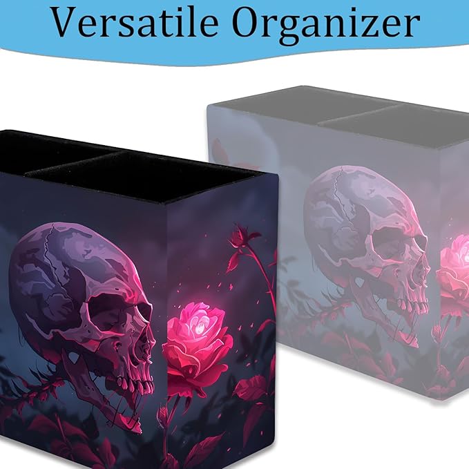 Pen Holder, Pencil Case, Makeup Brush Storage Box, Tableware Storage Box, Suitable for Office Or Home Item Organizing Stand - Rose Skull