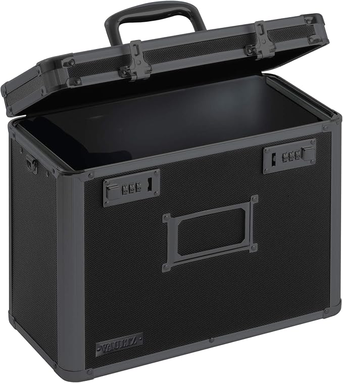 Vaultz File Organizer Storage Box - 14 x 7 x 12.19 Inch Letter Size, Portable Locking Storage Totes with Dual Combination Locks for Filing Office Documents - Super Tactical