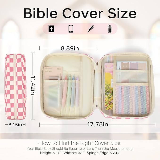 Bible Cover Case for Women Corduroy Bible Case for Girls Checkered Large Bible Cover with Handle Bible Study Supplies Accessories Christian Gifts for Women (Pink, Medium)