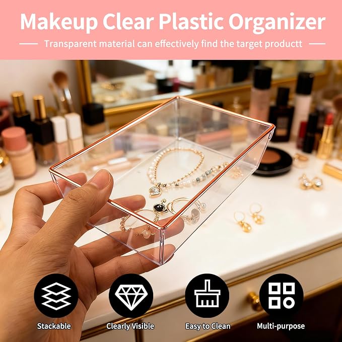 6 Pack Large Size Clear Stackable Drawer Organizer Trays, Rose Gold Rim Makeup Drawer Storage Tray Divider, Desk Storage for Makeup, Jewelry, Bathroom, Stationary, Kitchen Utensils and Office Desk