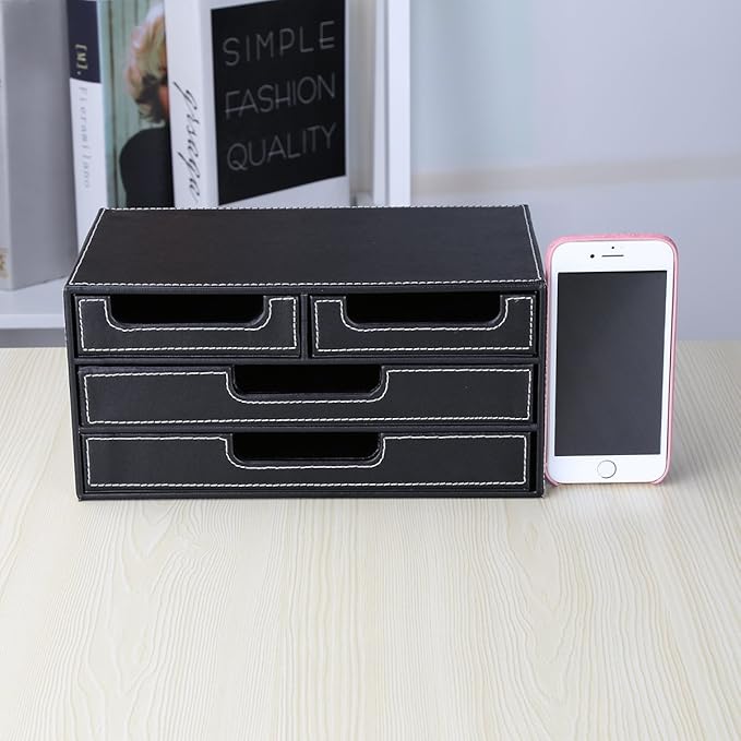 KINGFOM PU Leather Desk Organizer with 4 Drawers Small, Desktop Organizer Drawer for Office Supplies Accessories, Stationery Storage Box Bills Collection Holder Black
