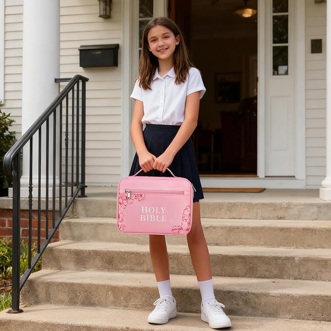 JIANYA Bible Cover for Girls Kids Bible Case Church Bag Childrens Bible Bag with Handle and Zippered Pocket, Floral Pink