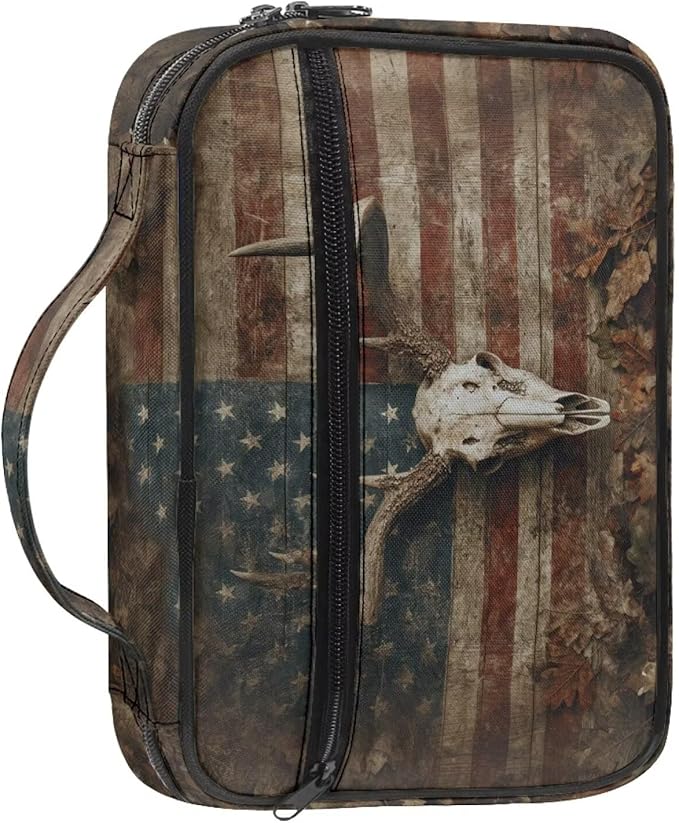 Elk Bone American Flag Print Bible Covers for Women & Men, Bible Organizer Carrying Case with Zippered Pocket Bible Protective Bag