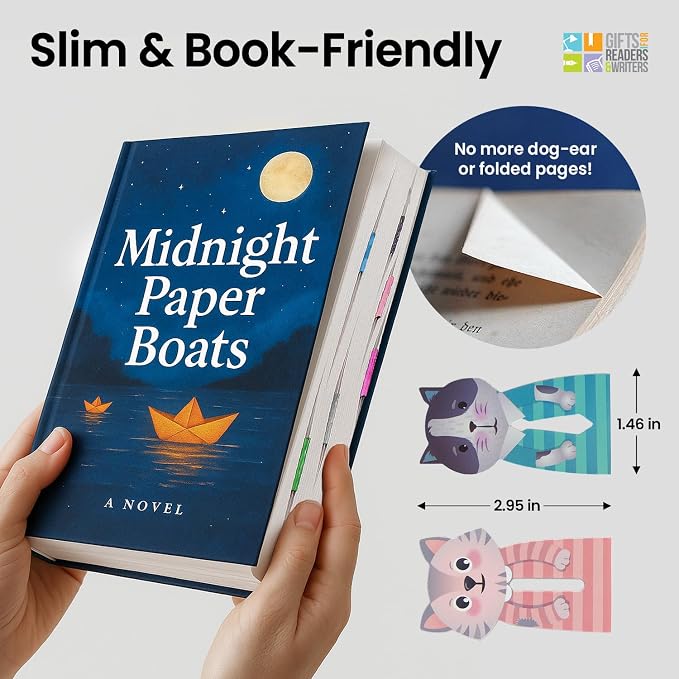 Gifts for Readers & Writers Linemarker Bookmark, 2 Pack Magnetic Bookmarks, Includes Line Finder Slit for Easy Line Tracking, Small & Cute Stationery, Book Page Holder, Reading Accessories, Cats