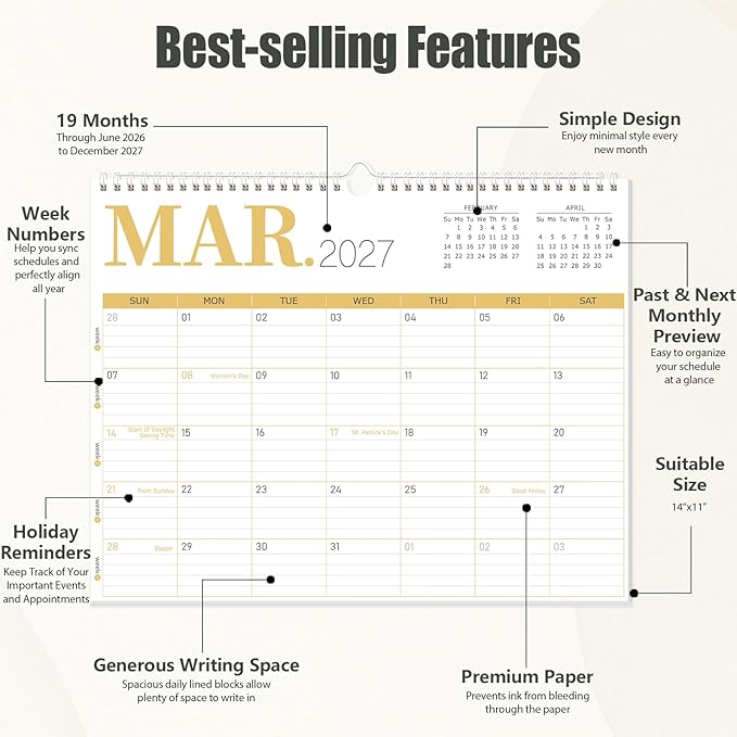 GuassLee Wall Calendar 2026, 2026-2027 Calendar Wall Runs from Jun. 2026 to Dec. 2027, 19-Month Hanging Calendar Spiral Bound for Office School Home Planning and Organizing, 14” x 11”