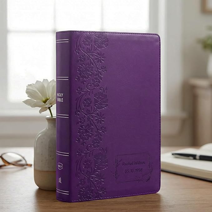 Personalized NKJV Reference Bible, Custom Name Text & Design, New King James Version, Large Print, Red Letter, Cross References, Faux Leather Purple, Baptism Confirmation Gift