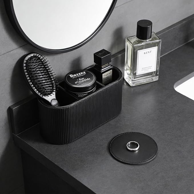 3 Compartments PU Leather Remote Control Holder, Multifunctional Desk Organizer for TV Remotes, Pens, and Accessories, Bedside and Tabletop Storage, Black