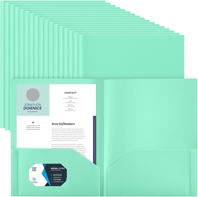Gueevin 100 Pack Plastic Folder with Pockets, 2 Pocket Folders, Plastic Glossy Folders Fit Letter Size Paper, Heavy Duty Durable File Folder with Business Card for Home Office School (Light Green)