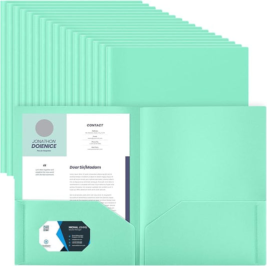 Gueevin 100 Pack Plastic Folder with Pockets, 2 Pocket Folders, Plastic Glossy Folders Fit Letter Size Paper, Heavy Duty Durable File Folder with Business Card for Home Office School (Light Green)