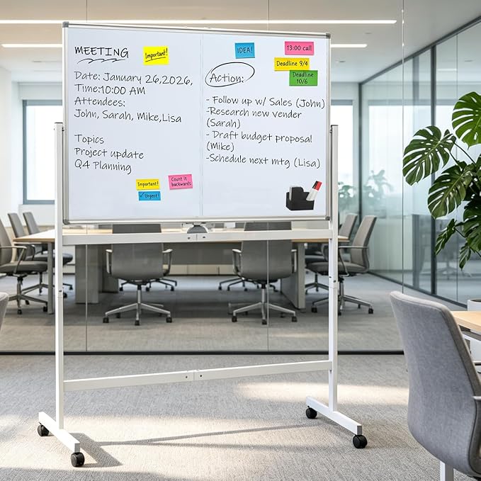 A AIRLLEN Rolling Whiteboard - 48x32 Double Sided Magnetic Dry Erase Board with One-Click Flip Button, Mobile Standing White Board for Teaching, Brainstorming & Office Presentations