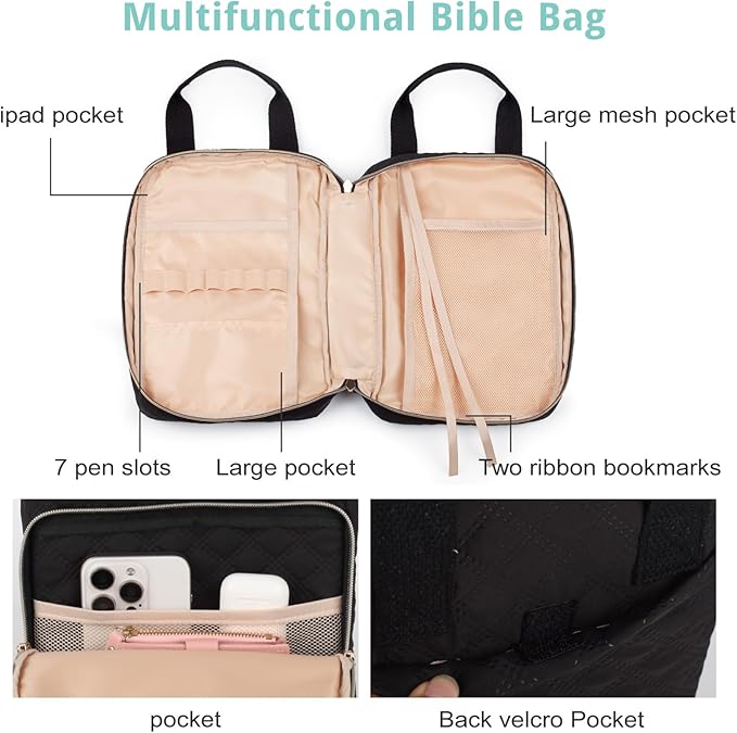 Bible Cover for Women, Bible Case with Handles,Carrying Bible Bag Scripture Case Church Bag Bible Protective with a Zippered Front Pocket & Back Pocket
