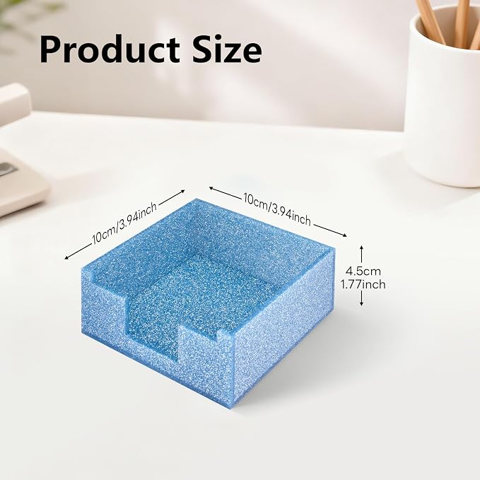 Sparkling Sticky Note Holder, Glitter Acrylic Organizer, 3.94 x 3.94 in Multi-Use Tray for Office, School & Home Desk (Blue)