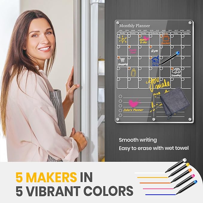 IDEATECH Acrylic Magnetic Fridge Calendar Magnet Strong, Clear Dry Erase Board Calendar for Refrigerator, Vertical 2in1 Monthly Planner & to Do List for Fridge, Whiteboard Organizer House Decor,White