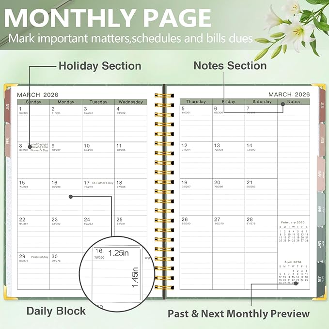 GuassLee Large 2026 Planner, Weekly and Monthly Planner from January 2026-December 2026, 8.5"x 11" Aesthetic Greenery Agenda Book with Back Pocket, Stickers, Coated Tabs, A4 Size