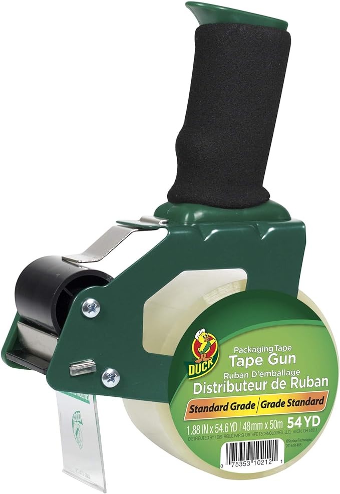 Duck Brand Tape Gun with Pistol Grip Handle - Compatible with 3" Core Packing Tape Refill Rolls up to 2 Inches Wide - 1.88 Inch x 54.6 Yards - Clear (669332)