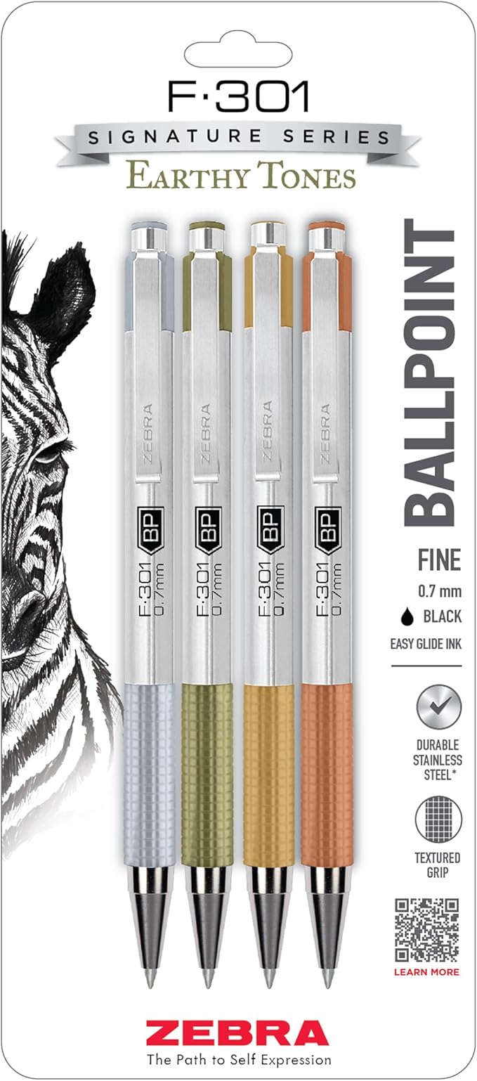 Zebra Pen F-301 Signature Series Retractable Ballpoint Pen, 0.7mm, Black Easy-Glide Ink, Stainless-Steel Barrel with Earth Tone Accents, Ideal for Office, Journal and Planner Use, 4-Pack (27304)