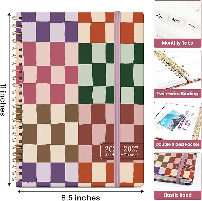 Planner 2026-2027, Academic Year Monthly and Weekly Calendar Planner, Jul 2026 - Jun 2027, Hardcover Teacher Student Planning Agenda book with Tabs, Perfect for School Office Supplies, 8.5" x 11" - Checkered