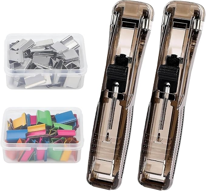 Portable Binder Clip Stapler - Includes 100 Reusable Clips, Compact No-Hole Binding Refillable Handheld Design, Portable Binder Clip Stapler for Office School Home Document Organization (Black*2)