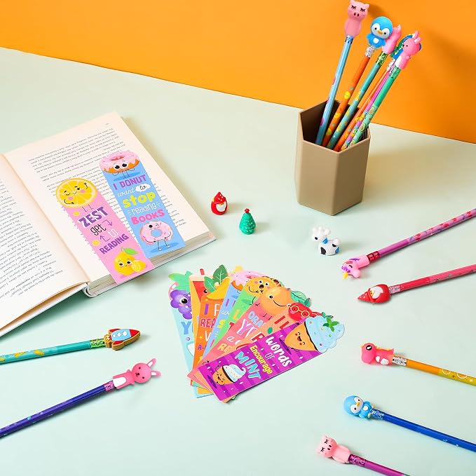 Teling 80 Pcs Scented Bookmarks and Pencils with Cute Toppers Set Fun Pencils Fruit Food Theme Scratch and Sniff Bookmarks Cartoon Pen Toppers Study Supplies(Cute Style)