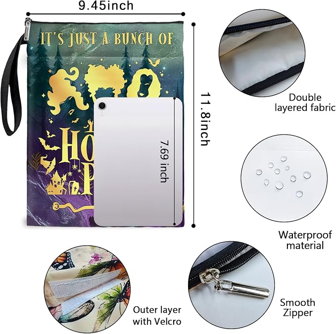 Hocus Pocus Book Cover, Waterproof Book Sleeve with Zippered Front Pocket Retro Flowers Book Pouch for Book Lovers, Christmas, Birthday, Graduation Gifts (Purple&Green, Large)