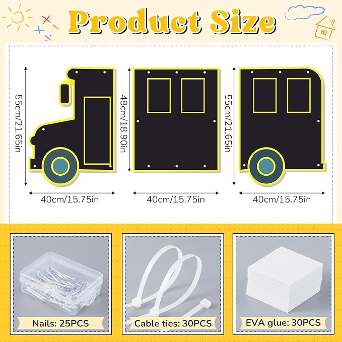 MotiMind 3 Pcs Giant Outdoor Chalkboard for Kids Suitable Indoor and Outdoor Use, Weatherproof Large Black Chalkboard Panels for Wall Back to School Decorations (School Bus)