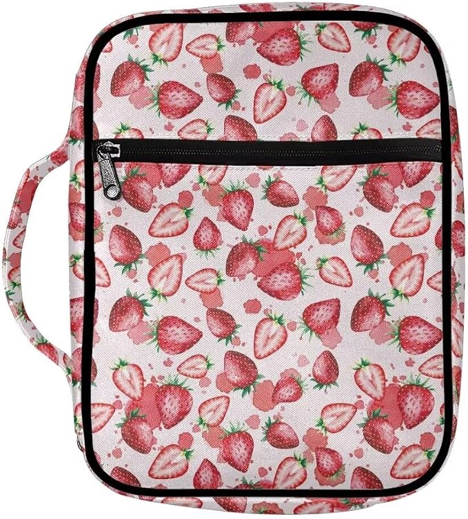 Coldinair Strawberry Bible Cover for Women Nylon Bible Holder Carrier Carrying Organizer Bible Bag, Zipper and Pockets for Standard Large Size Bible