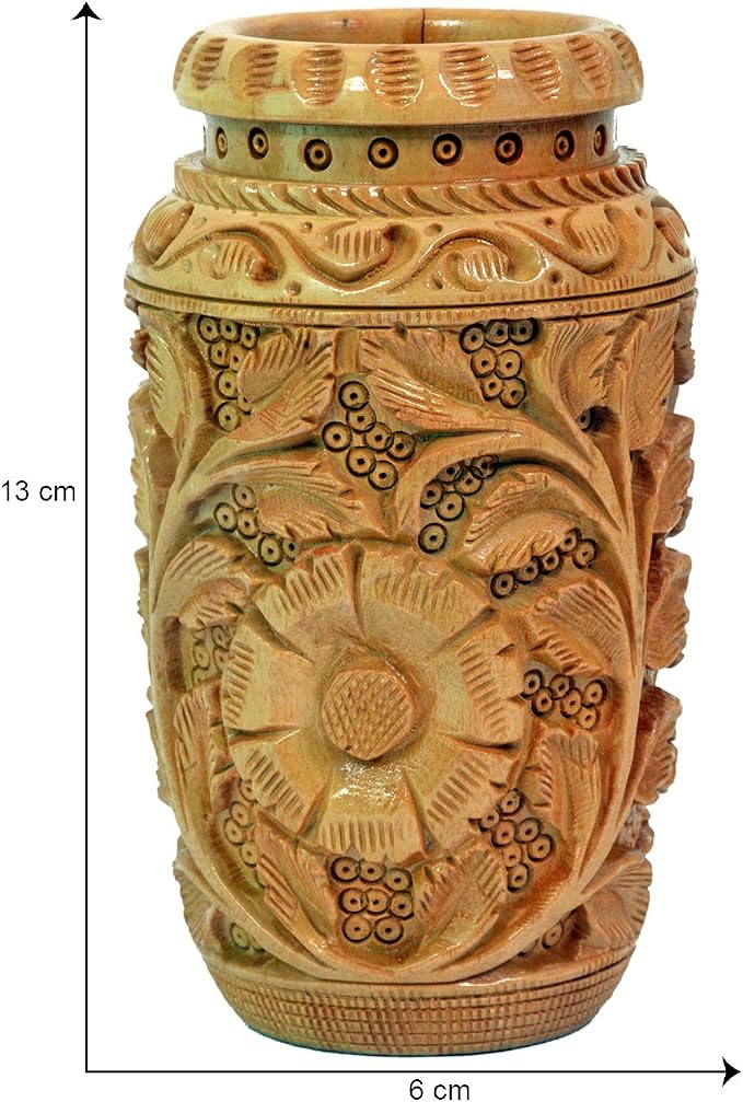Craft Trade Hand Carved Wooden Pen Holder Desk Organizer, Floral Design Pencil Holder Cup for Office Home School, Wood Stationery Storage Box, Desk Decor, Brown