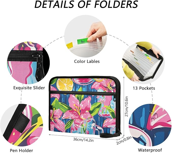 Expanding File Folder Lily Pulitzer Mason Jars Accordion File Organizer 13 Pockets Document Organizer with Zipper Labels A4 Letter Office Storage