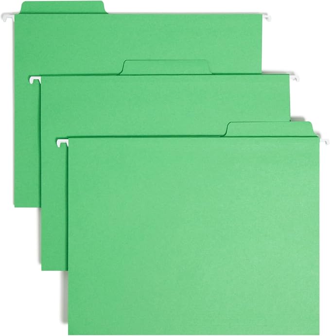 Smead FasTab Hanging File Folder, 1/3-Cut Built-in Tab, Letter Size, Green, 20 Count (64098)