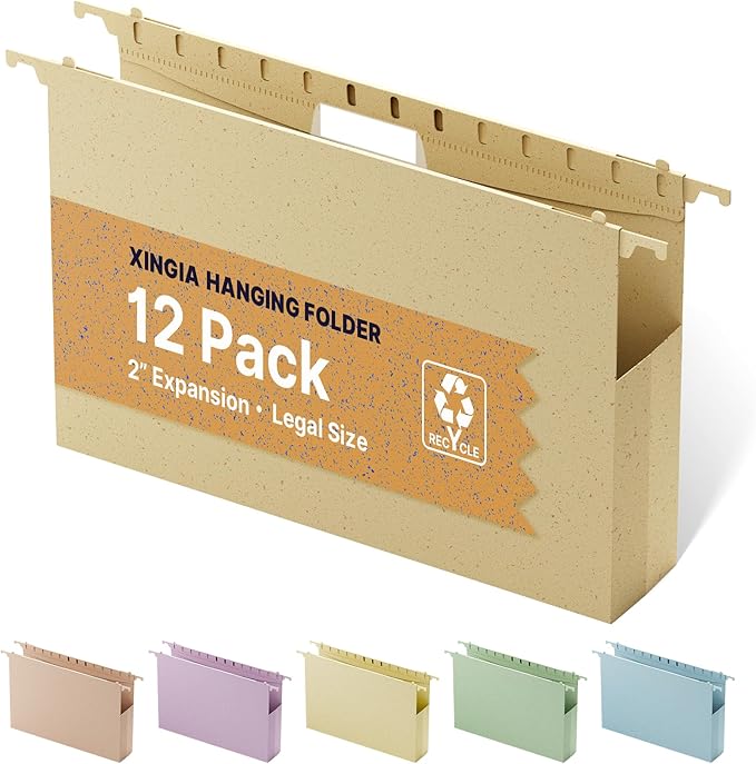 XINGIA Wheat Straw Legal Size Hanging File Folders, Extra Capacity 2'' Expandable Plastc File Folders with Tabs,12 Pack Heavy Duty Filing Cabinet Folders for Oversized Bulky Files(Morandi Yellow)