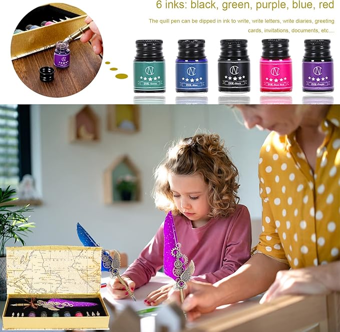 NC Quill Pen Set, Feather Pen With 5 Ink Bottles and 6 Replaceable Nibs, 1 Mechanical Quill, Calligraphy Pen for Writing, Letters, Diary, Signing, Invitation (Purple)
