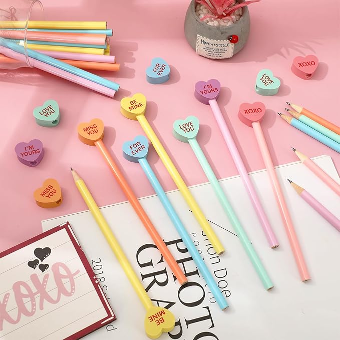 Whaline 120Pcs Valentine's Day Pencils with Eraser 60Pcs Conversation Heart Pencils with 60Pcs Heart Erasers Pastel Wooden Hearts Pencil for School Classroom Rewards Supplies