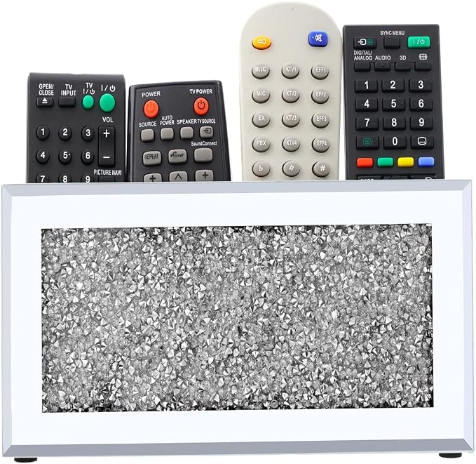 Pibeyer Mirrored Remote Control Holder Wall Mount, Silver Crush Diamond Remote Organizer Wall, Decoration Storage Box for Living Room, Bedroom, Home Decor