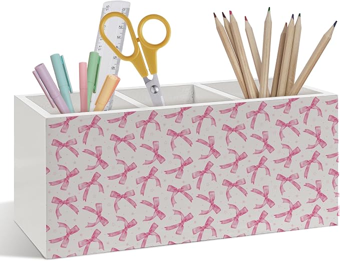 Pink Coquette Bow Pen Pencil Holder, Trendy Pink Bow Classroom Decor, Preppy Coquette Aesthetic Wooden Pen Pencil Organizer for Girly Girls Room Dorm Bedroom Playroom Office Desk Decor