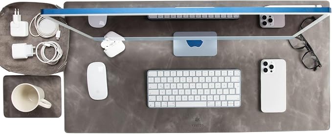 VENITO Leather 3-in-1 Desk Mat Set – Desk Mat (32"x16"), Organizer Tray & Cup Coaster – Full-Grain Leather Desk Pad for Office & Home – Elegant Workspace Accessories for Men & Women, Grey