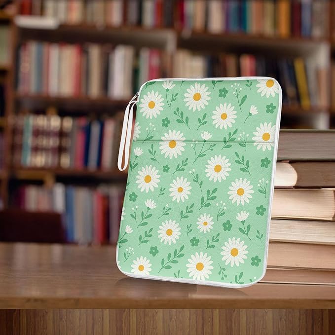 Book Sleeve Pouch Chrysanthemum Book Covers for Paperback with Zipper and Front Pocket, PU Leather Waterproof Book Sleeve for Book Lovers Librarian Teacher Gifts