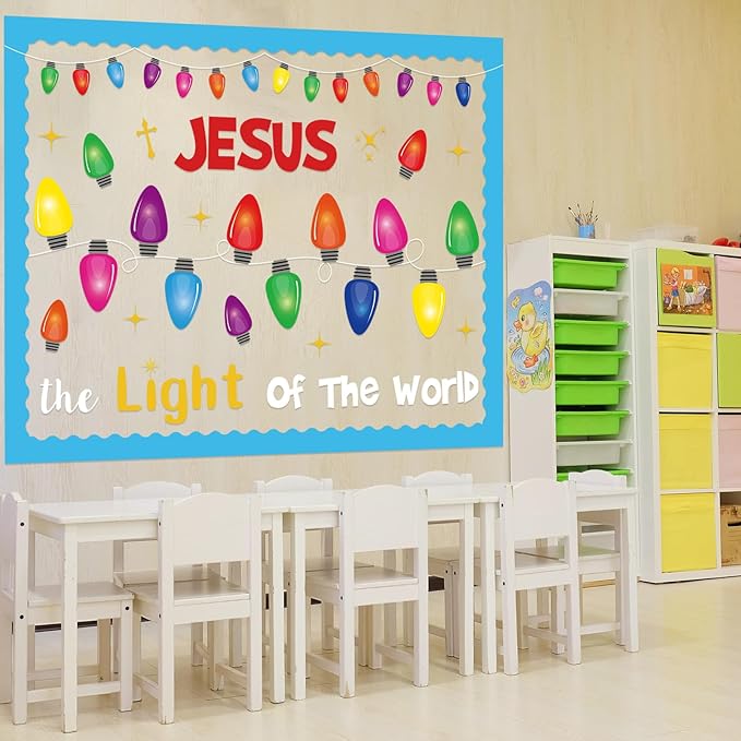 77 Pcs Religious Christmas Bulletin Board Decorations Set with Colorful Light Bulb Paper Cutouts Christian Jesus Bulletin Board for Sunday School Classroom Chalkboard Church Decor
