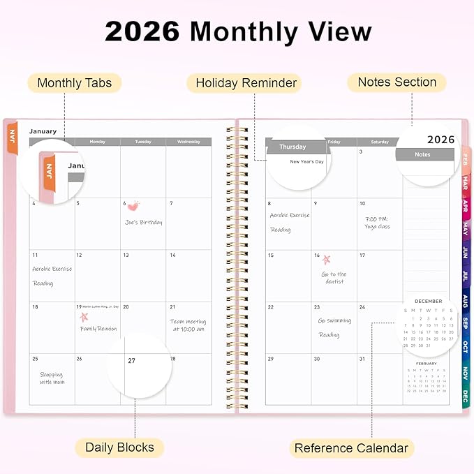 Oucaru 2026 Planner, Weekly and Monthly Planning Calendar, Jan 2026 - Dec 2026, 8.5" x 11", Spiral Bound, 12 Habit Trackers & Monthly Tabs, 2 Storage Pockets, Perfect for Office Home School Supplies