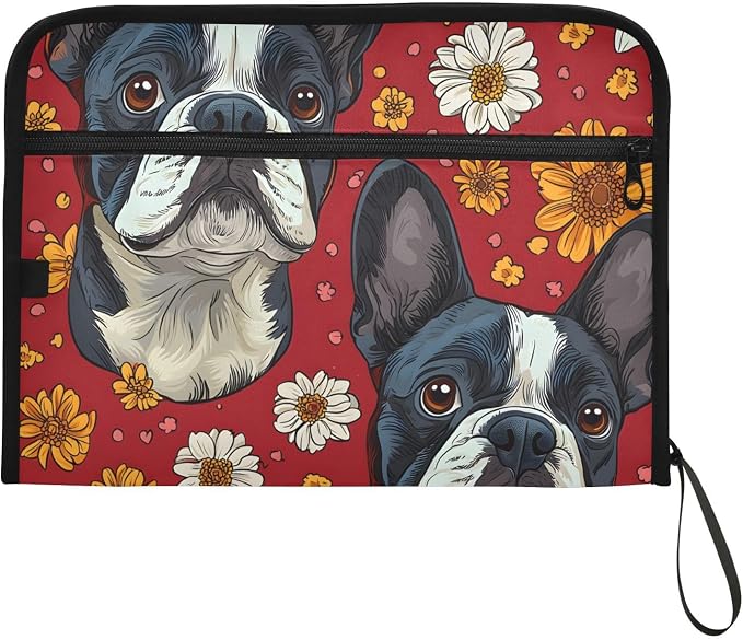 Purple Butterfly Grass Boston Terrier Dog Daisy Expanding File Folder Accordion File Organizer 13 Pockets Document Organizer with Zipper Labels Office Storage for Letter A4
