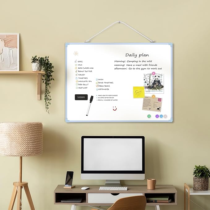 Dry Erase Board for Wall, 24" x 18" Double-Sided Hanging White Board with 6 Markers, 6 Magnets and 3 Mini Sticky Notes, Portable Whiteboard for Home, Office, School, Blue Frame