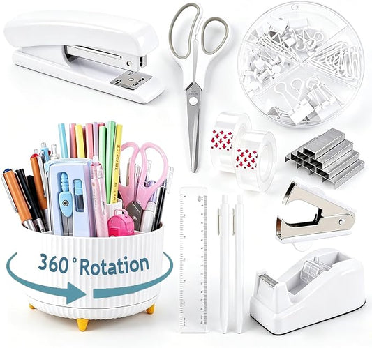 Gawsey White Desk Organizers and Accessories with Desk Organizer 360° Rotating Pen Holder and Office Supplies, Cute Stationery Supplies Set