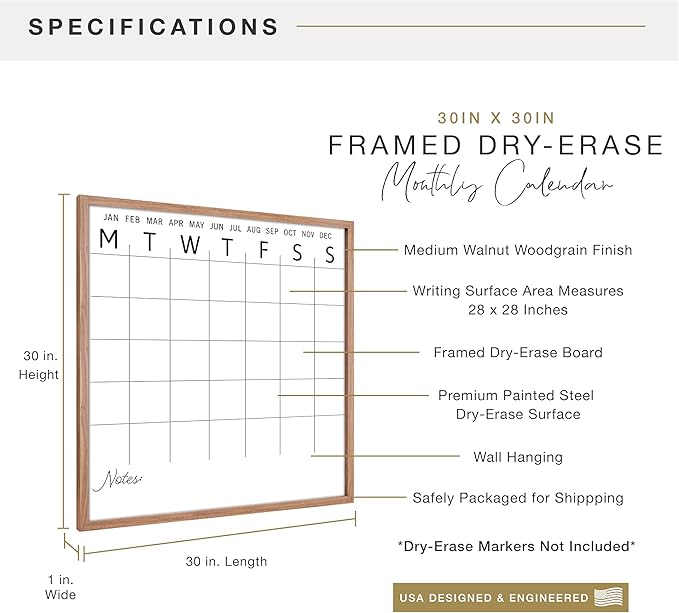MCS Dry Erase Calander 30x30 Walnut Framed Monthly Calendar for The Wall, Stay Organized with Family Planner for Appointments, Sports, Events & More