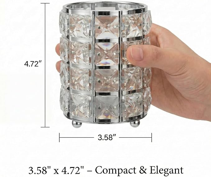 YAGELI Crystal Pen Holder for Desk, 3.58" Gold/Silver Pencil Cup, Elegant Office Desk Accessories for Women, Modern Home Office Decor, Teacher Gift - Compact Vanity Makeup Brush Organizer(Silver)