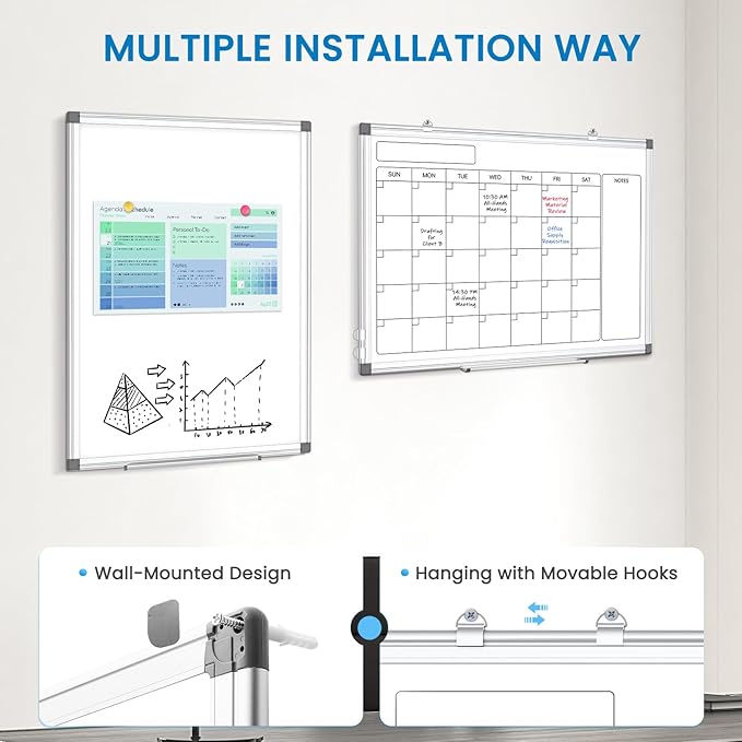 Monthly Calendar Dry Erase Whiteboard for Wall, 36" x 24" Double-Sided Calendar White Board, Magnetic Portable Board for Office, Kitchen, School, Home