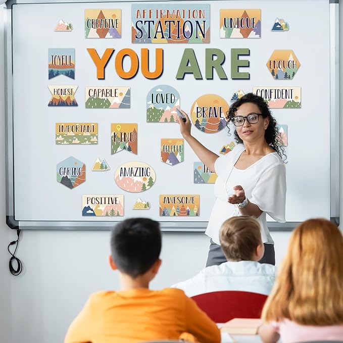 Let The Adventure Begin Affirmation Station Bulletin Board Set Camping Travel Classroom Decorations Mountain Mental Health Posters Positive Accents Cutouts for Teachers School Classroom Decor